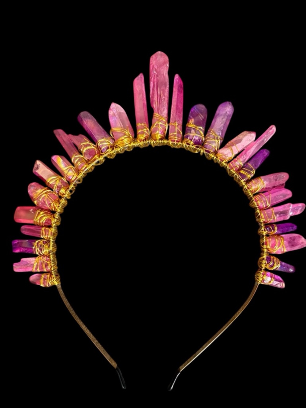 Handcrafted Pink Crystal Spike Headband with Gold Wire